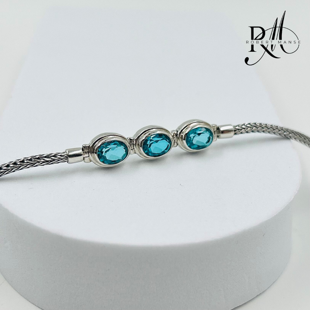 Gem RoManse Triple Stone Sterling Silver Foxtail Toggle Bracelet