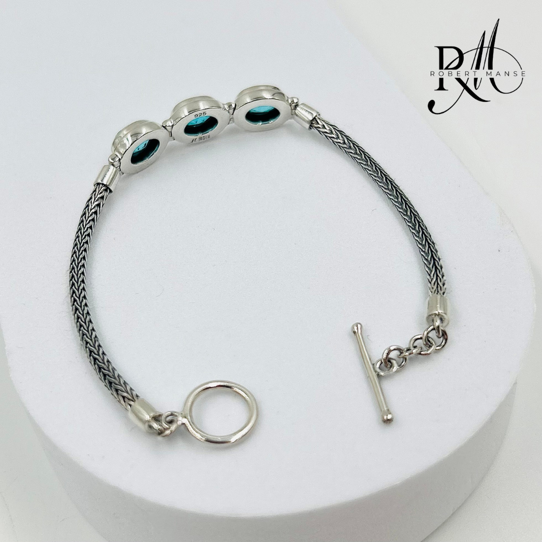 Gem RoManse Triple Stone Sterling Silver Foxtail Toggle Bracelet