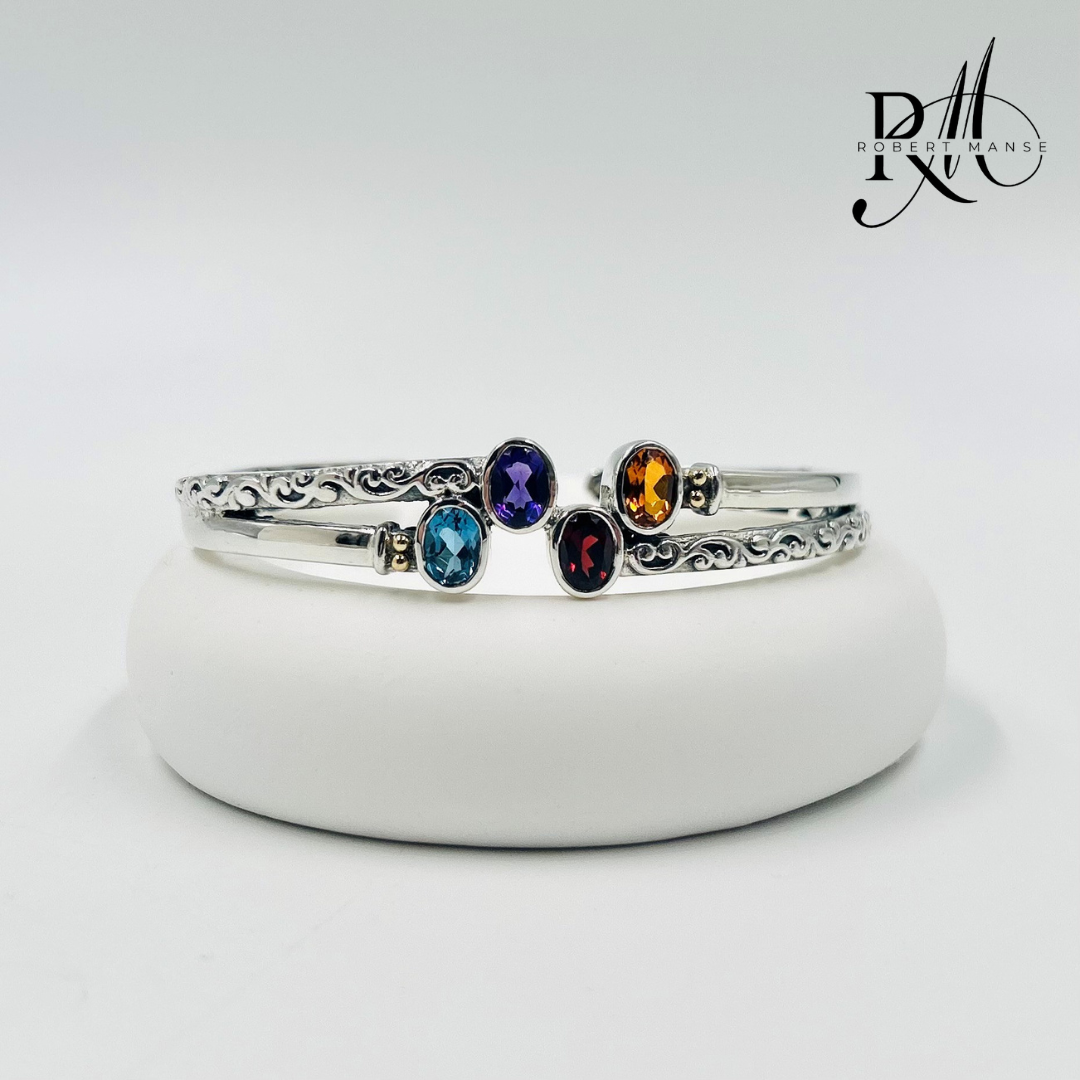 Gem RoManse Multi-Gemstone Sterling Silver Hinged Cuff 7" Bracelet