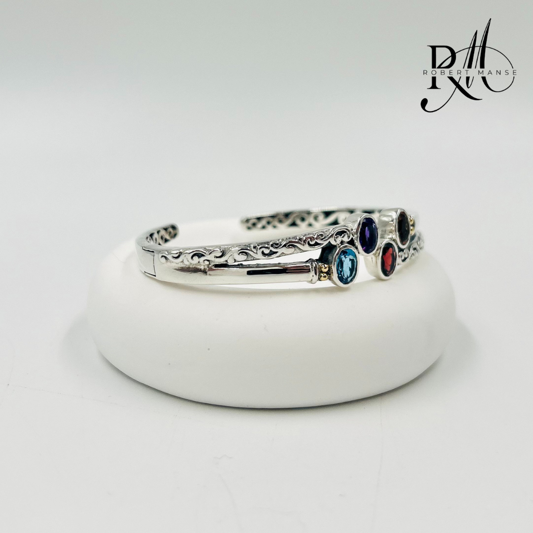 Gem RoManse Multi-Gemstone Sterling Silver Hinged Cuff 7" Bracelet
