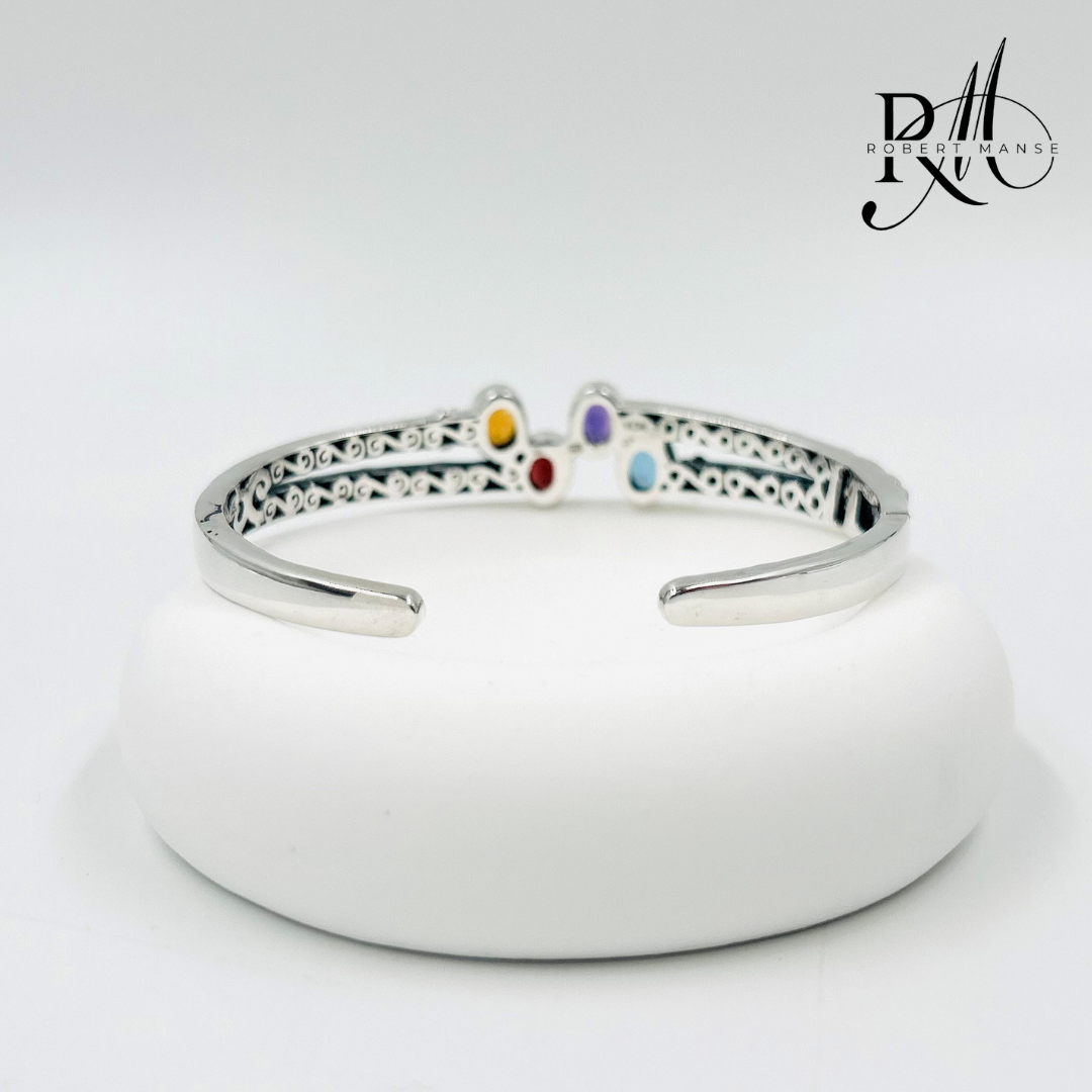 Gem RoManse Multi-Gemstone Sterling Silver Hinged Cuff 7" Bracelet
