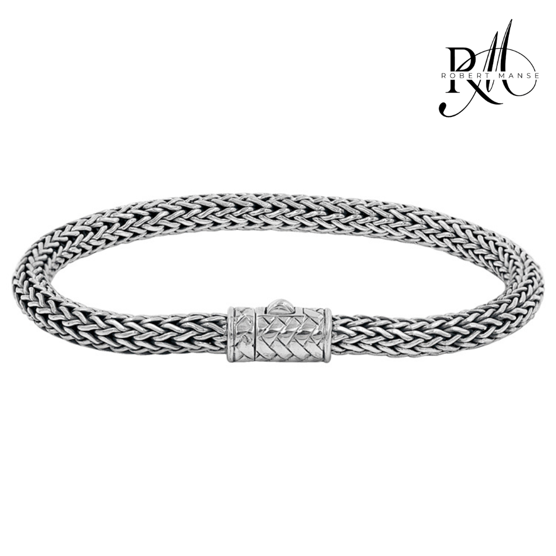 Men's sterling silver woven bracelet with a box clasp, designed by BroManse.
