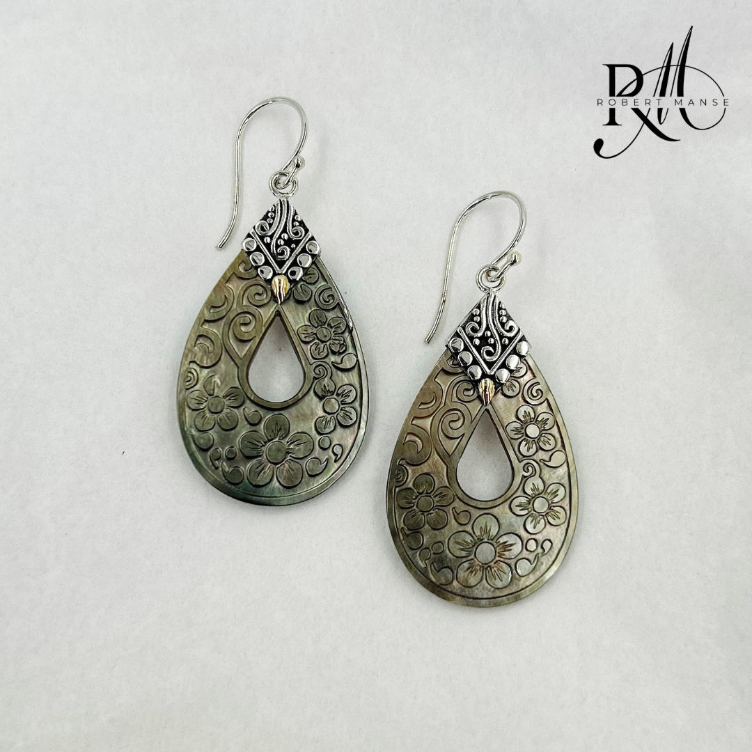 Bali RoManse Carved Black Mother of Pearl Sterling Silver Earrings