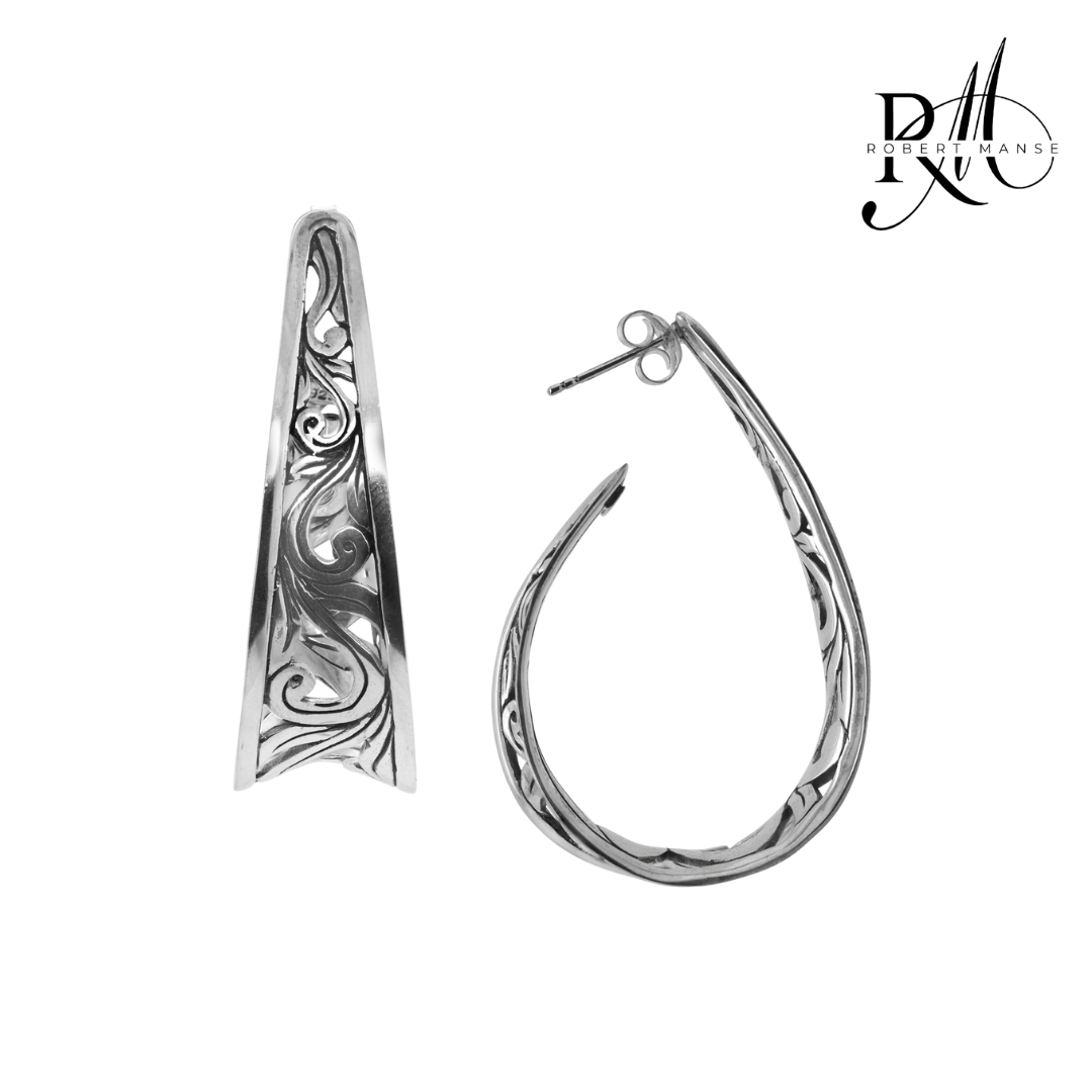 Bali RoManse Sterling Silver Scroll Work Tapered Hoop Earring