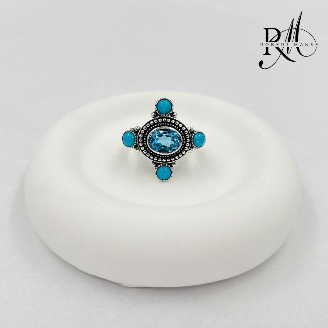 Gem RoManse Swiss Blue Topaz & Turquoise Sterling Silver Beaded Ring