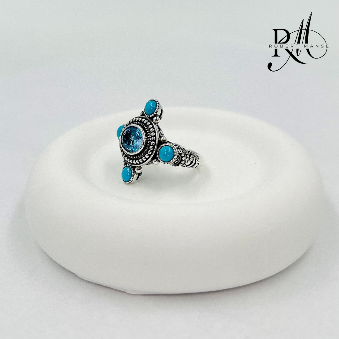 Gem RoManse Swiss Blue Topaz & Turquoise Sterling Silver Beaded Ring