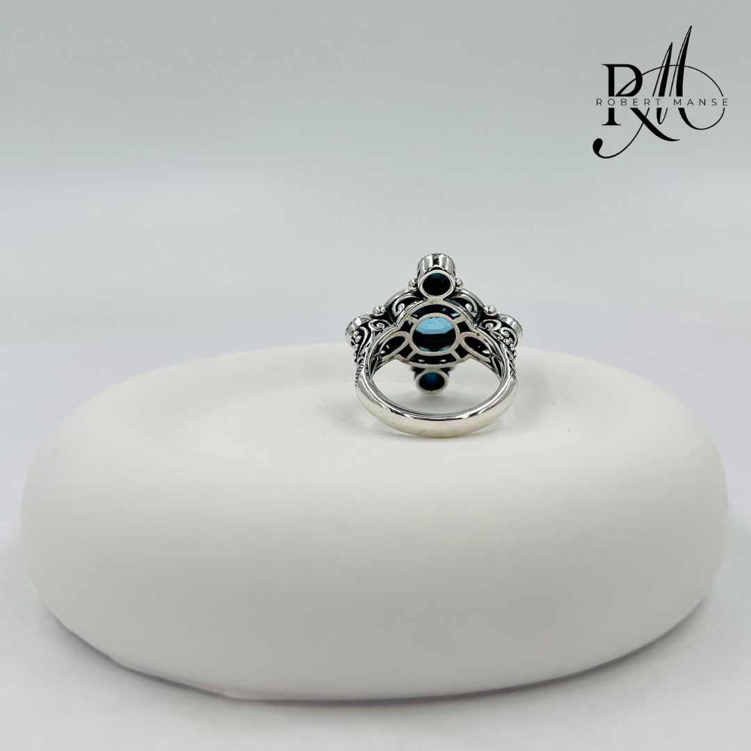Gem RoManse Swiss Blue Topaz & Turquoise Sterling Silver Beaded Ring
