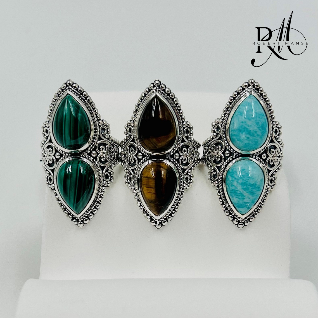 Gem RoManse Double Gemstone & Scrollwork Sterling Silver Ring
