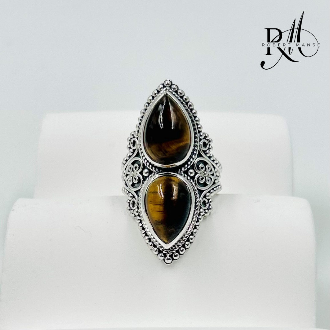 Gem RoManse Double Gemstone & Scrollwork Sterling Silver Ring