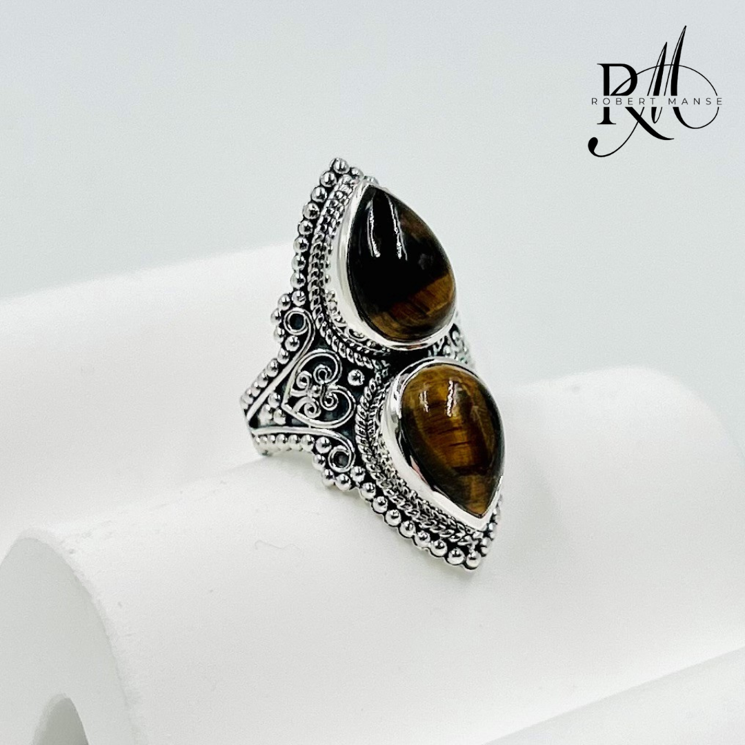 Gem RoManse Double Gemstone & Scrollwork Sterling Silver Ring