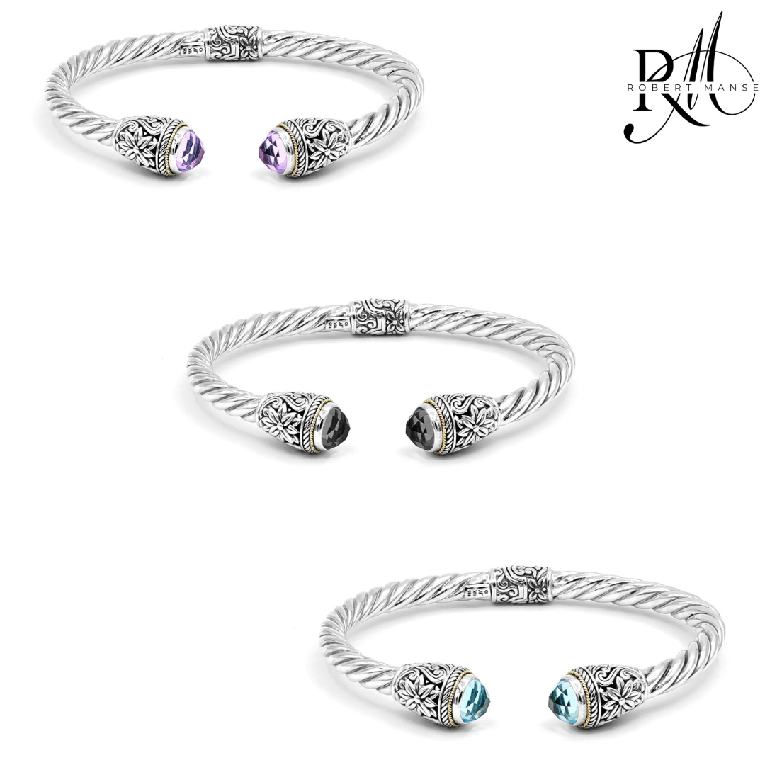 Bali RoManse Gemstone Floral & Twisted Cable Sterling Silver & 18k Gold Cuff Bracelets