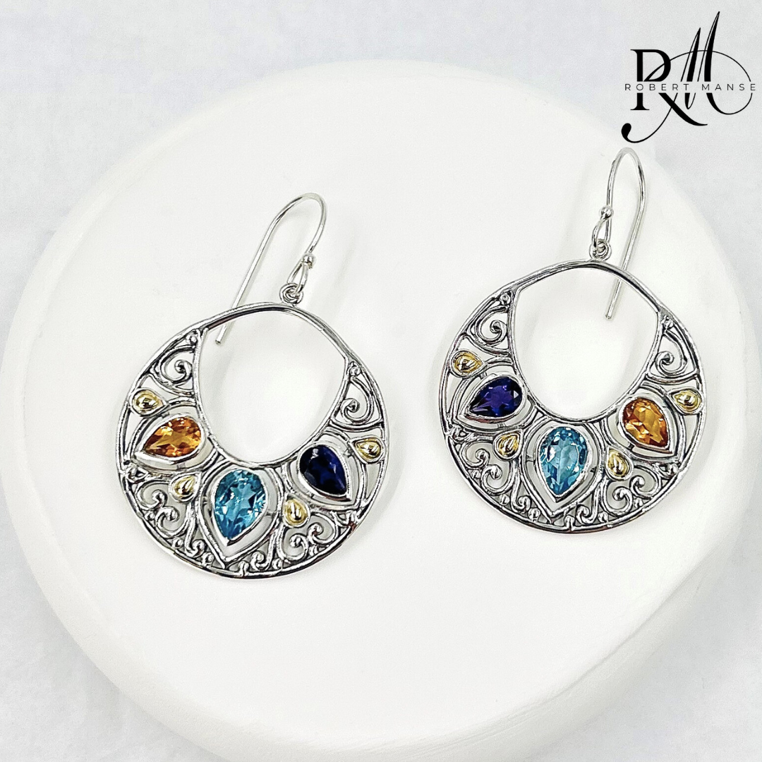 Gem RoManse Sterling Silver/18K Gol Multi-Gemstone Dangle Earrings