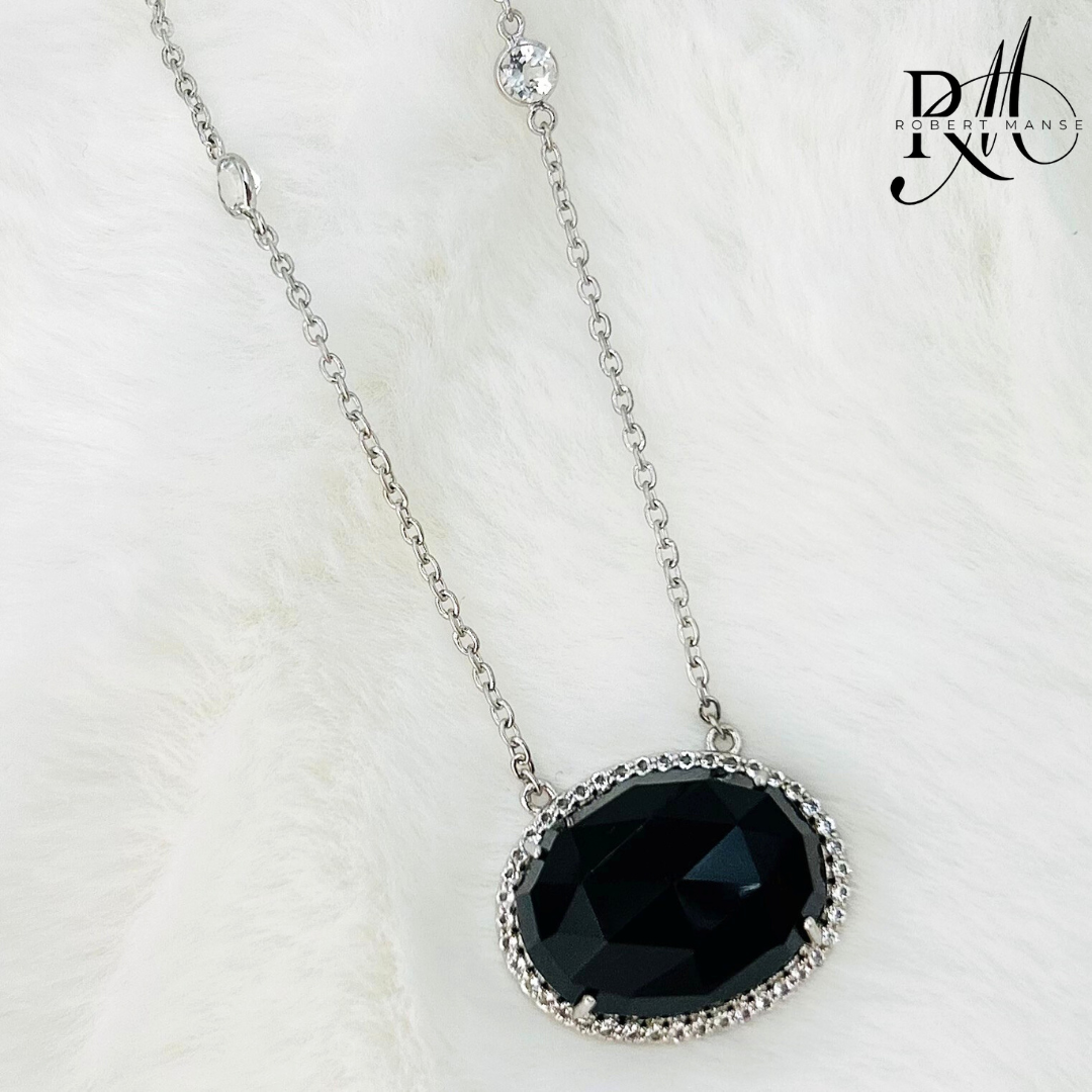 Gem RoManse Sterling Silver Black Onyx & White Topaz Station Necklace