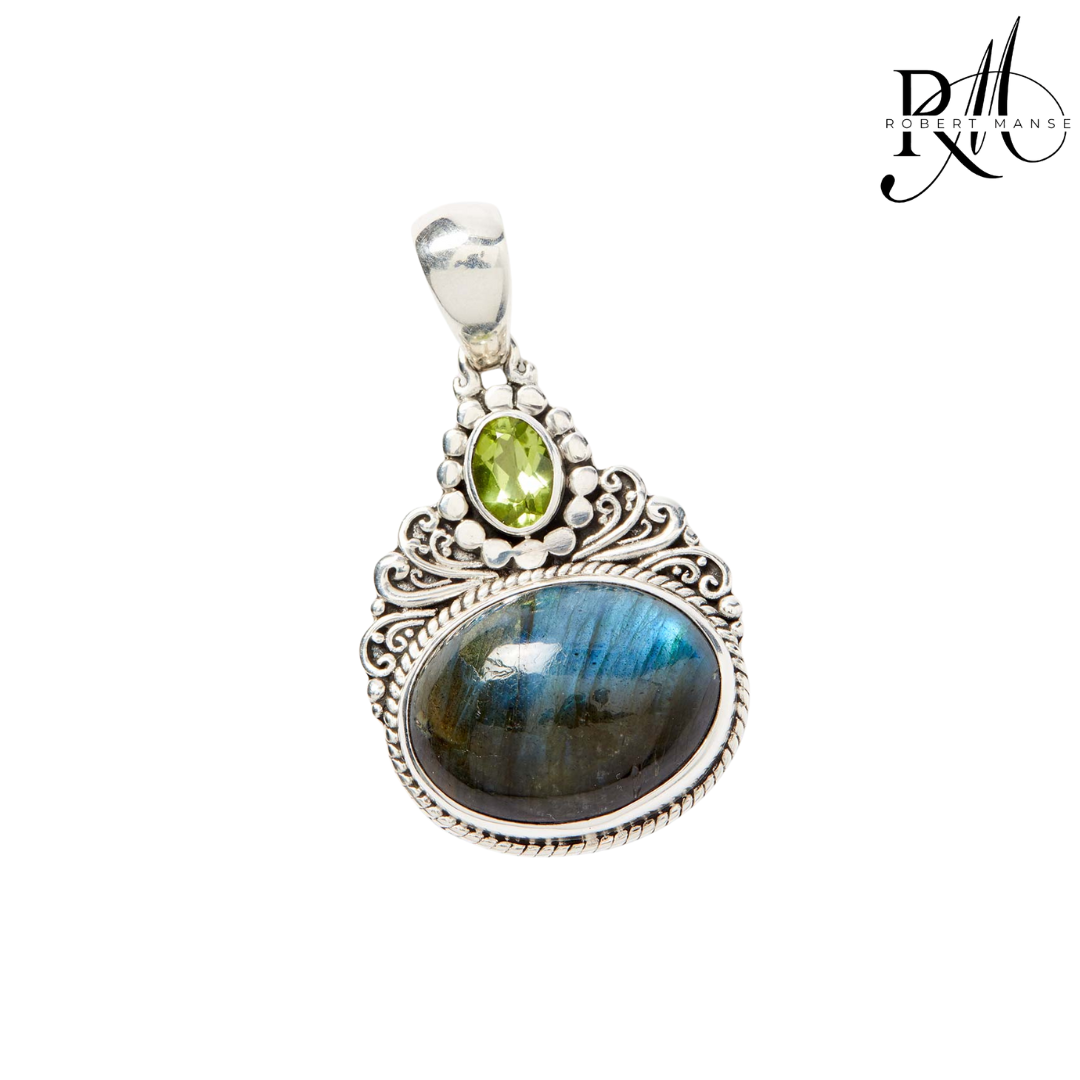Bali RoManse Double Gemstone Sterling Silver Scrollwork Pendant