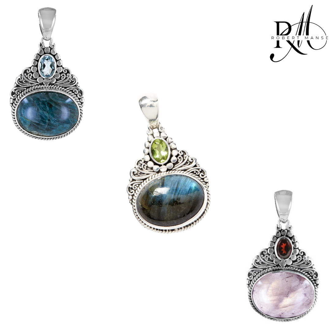 Bali RoManse Double Gemstone Sterling Silver Scrollwork Pendant
