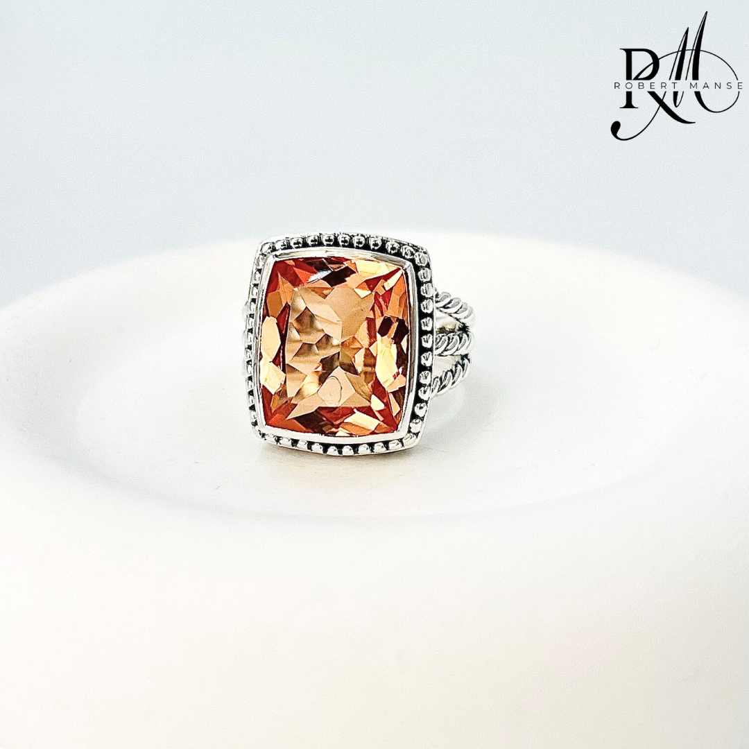 Gem RoManse Rectangular Beaded Sterling Silver Solitaire Ring