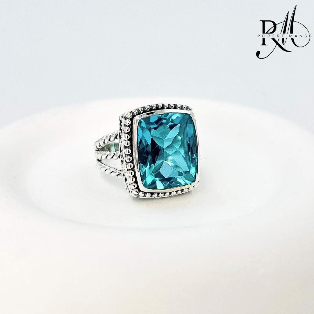 Gem RoManse Rectangular Beaded Sterling Silver Solitaire Ring