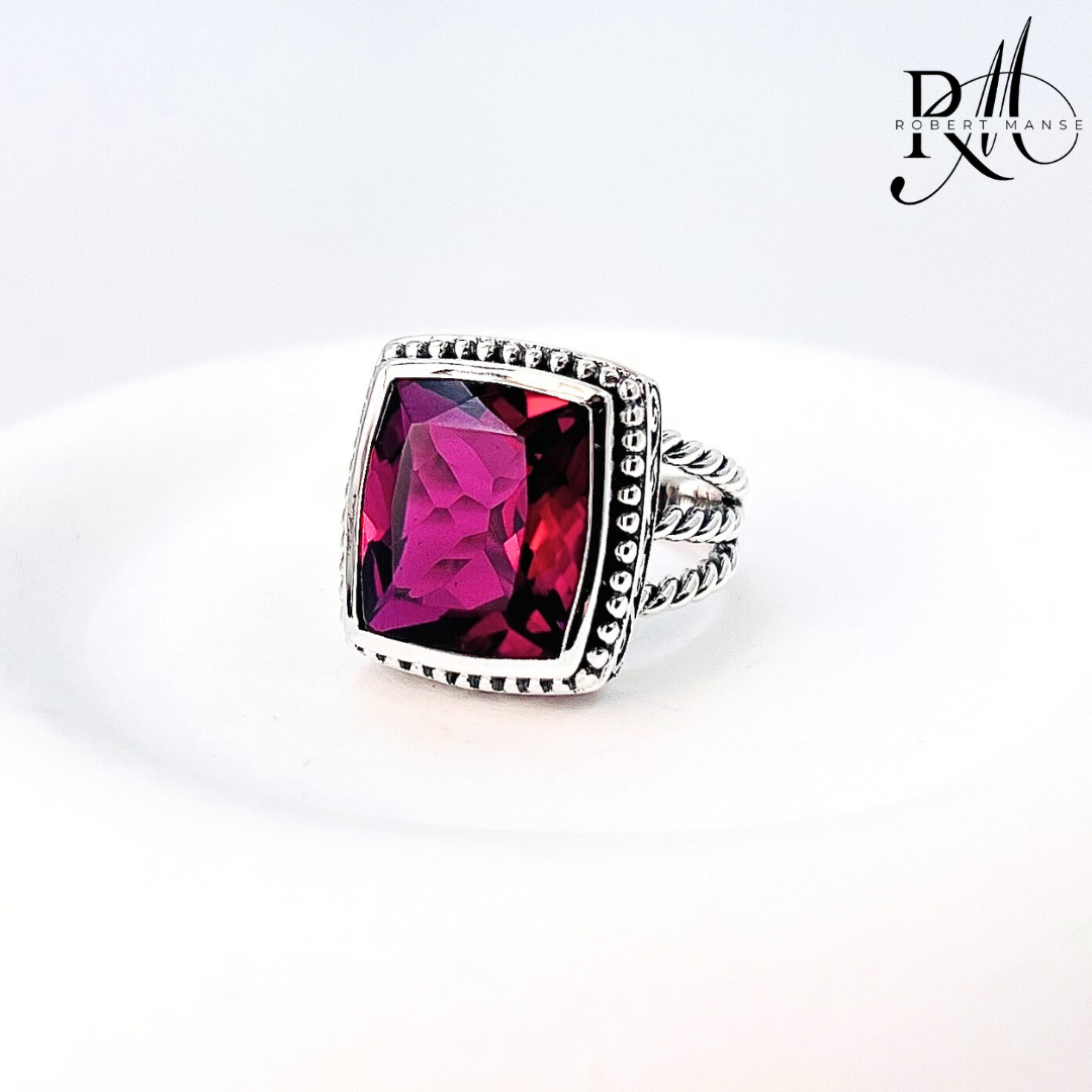 Gem RoManse Rectangular Beaded Sterling Silver Solitaire Ring