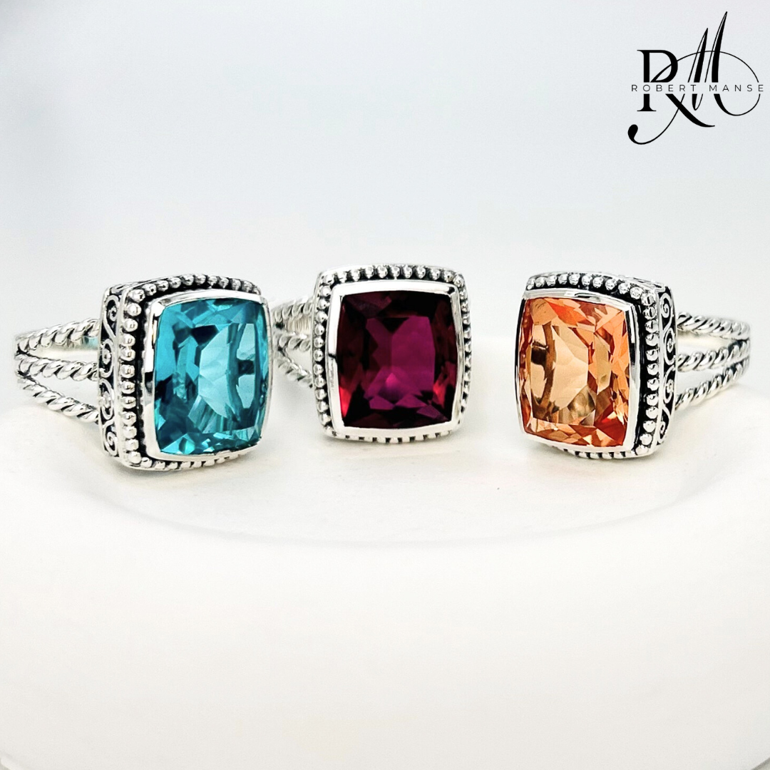 Gem RoManse Rectangular Beaded Sterling Silver Solitaire Ring