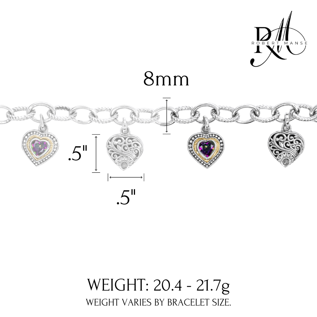 Bali RoManse Gemstone Heart Charm Sterling Silver Toggle Bracelet
