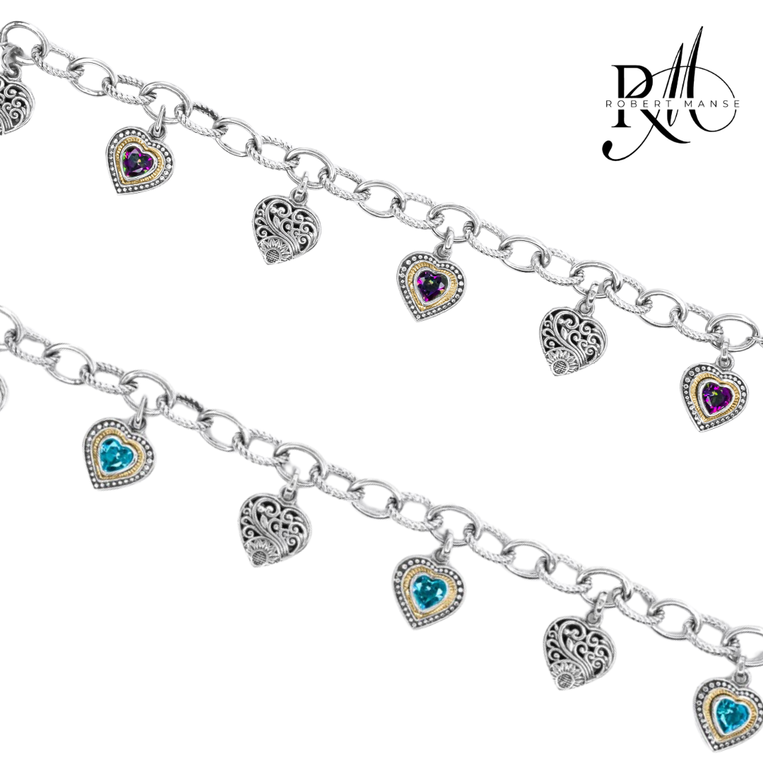 Bali RoManse Gemstone Heart Charm Sterling Silver Toggle Bracelet