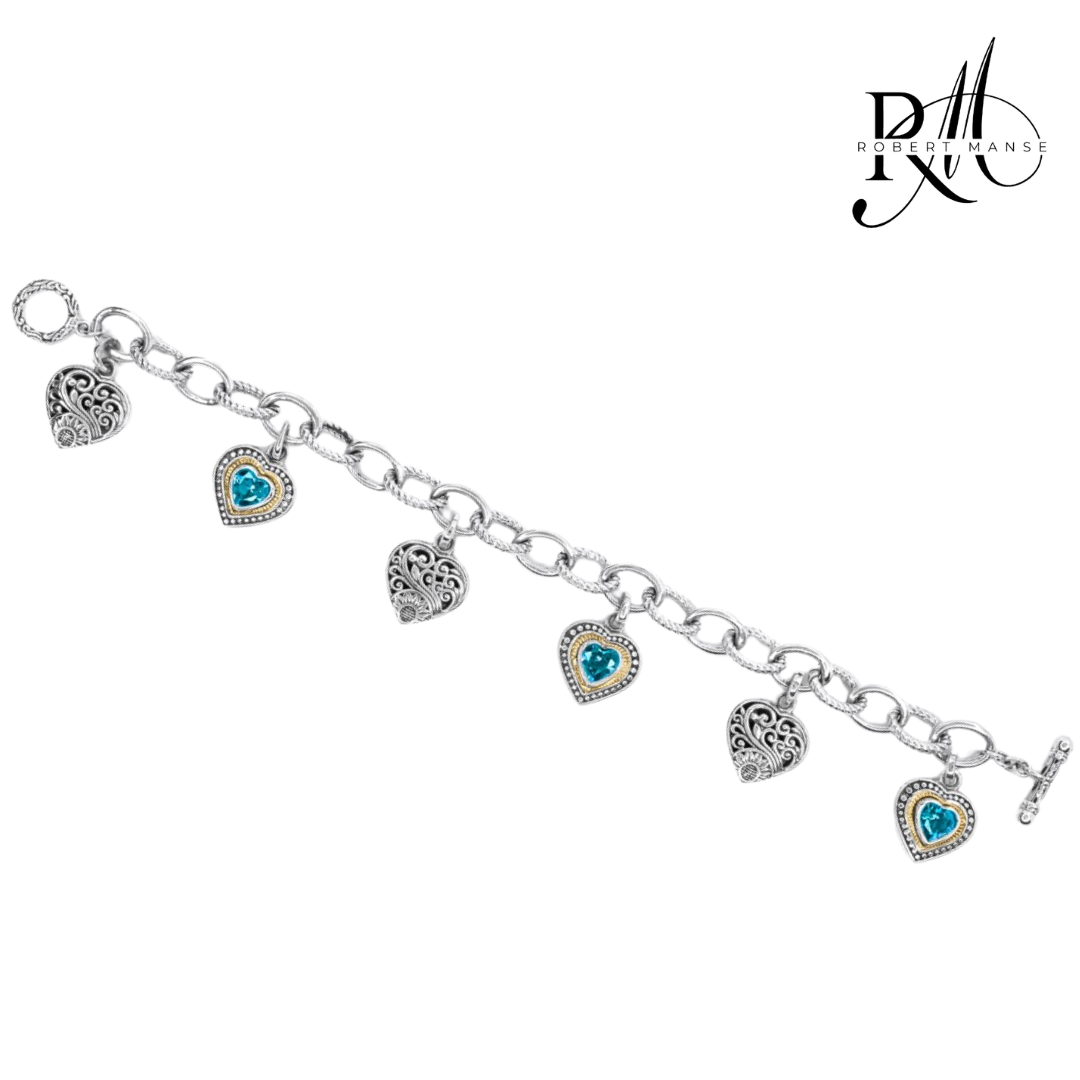 Bali RoManse Gemstone Heart Charm Sterling Silver Toggle Bracelet
