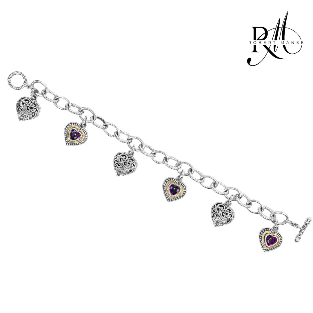Bali RoManse Gemstone Heart Charm Sterling Silver Toggle Bracelet
