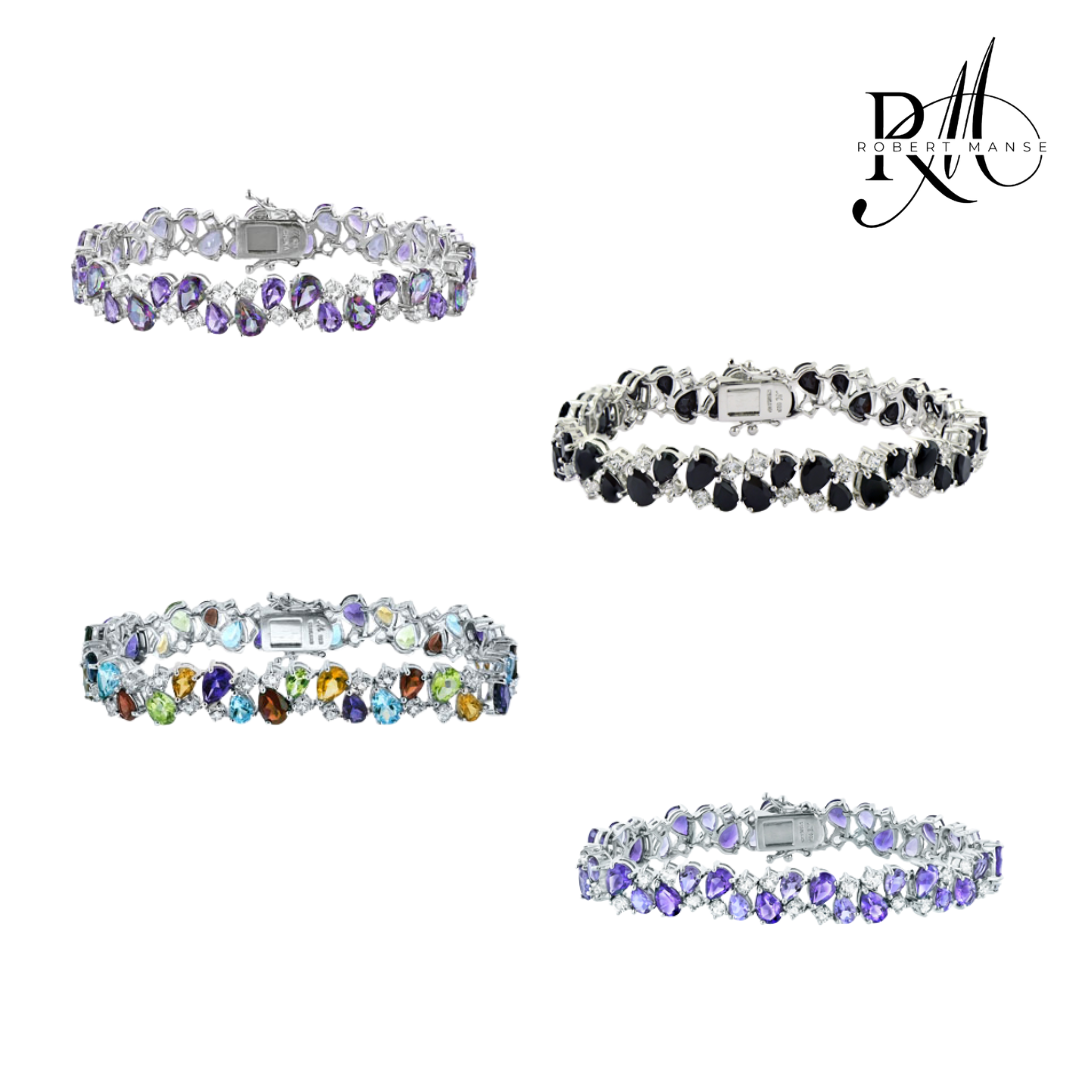 Gem RoManse Pear Shaped Gemstone & White Topaz Sterling Silver Cluster Bracelet