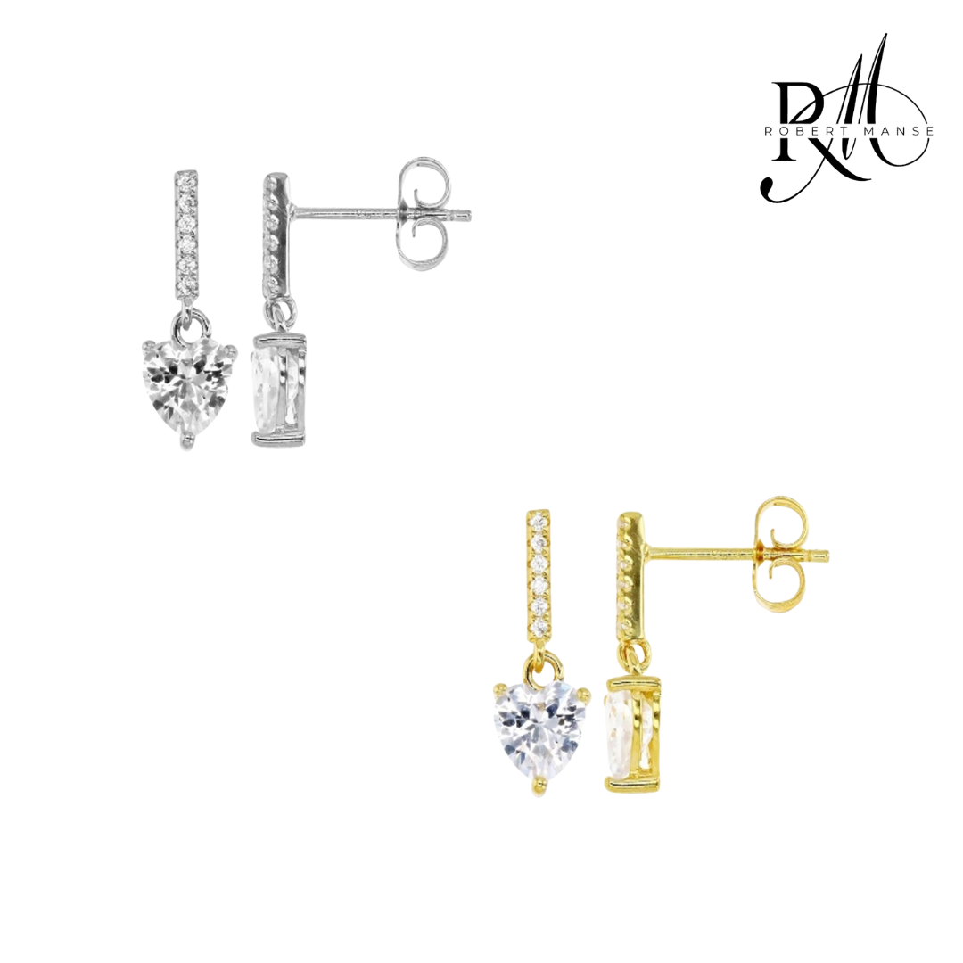 CZ RoManse Heart Drop Stud Earrings - Available in Sterling Silver or Plated 18k Gold
