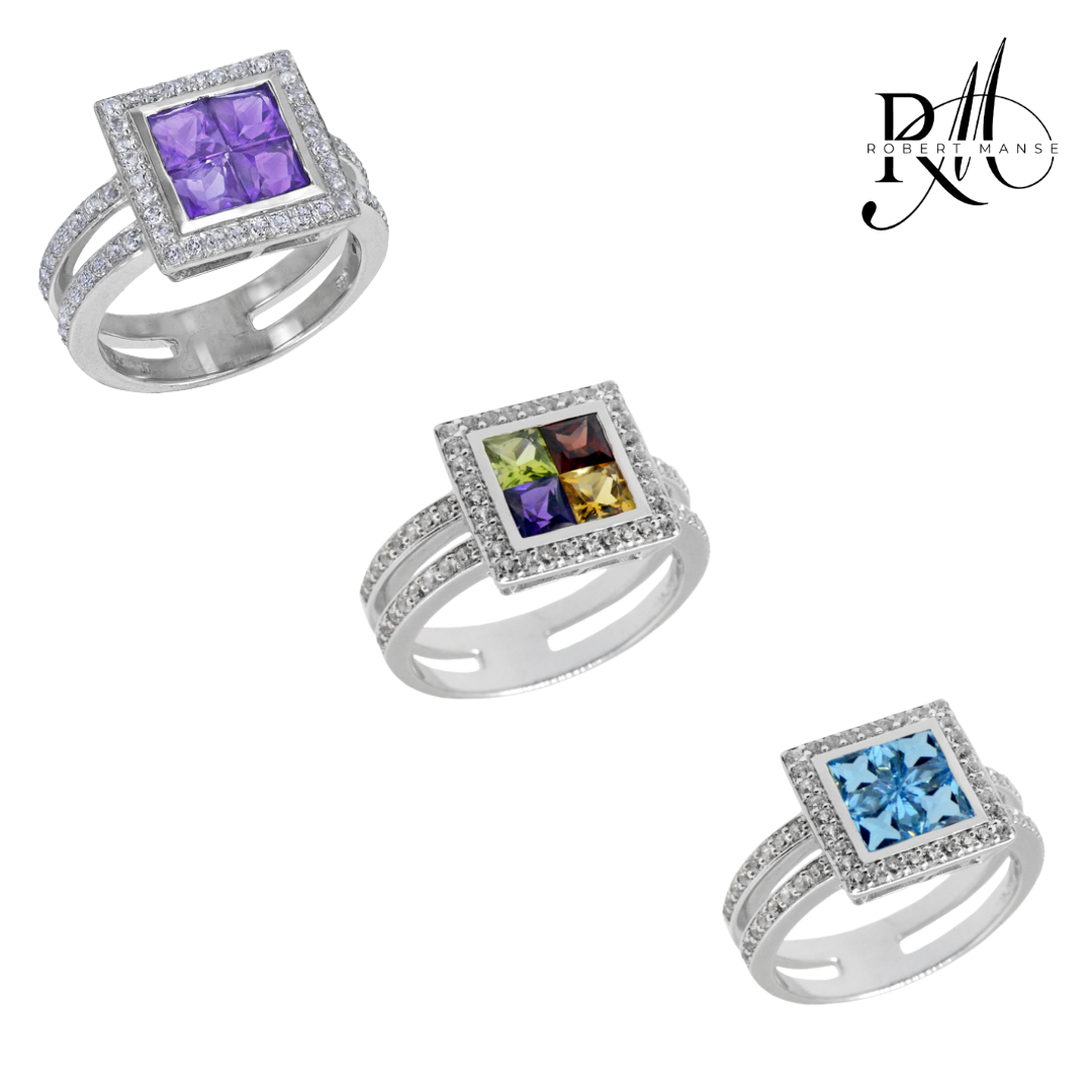 Gem RoManse Geometric Rhodium Plated Sterling Silver Ring
