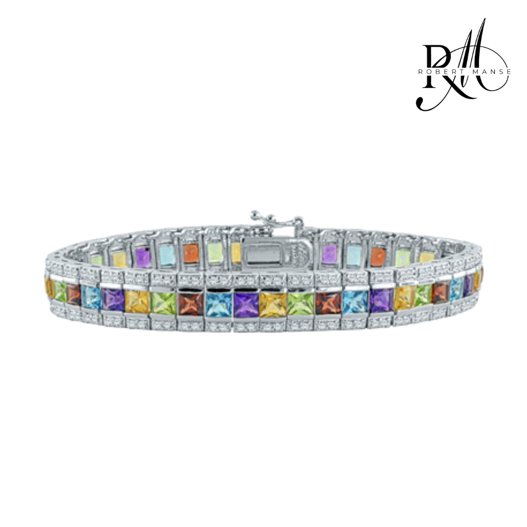 A multicolored geometric-patterned sterling silver tennis bracelet with square and princess cut gemstones and white topaz accents.