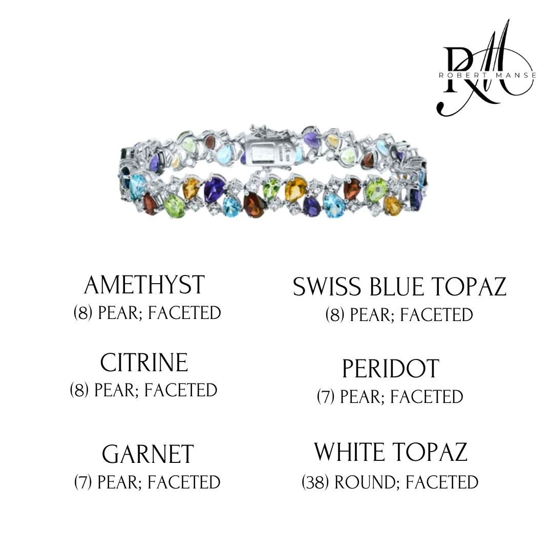 Gem RoManse Pear Shaped Gemstone & White Topaz Sterling Silver Cluster Bracelet