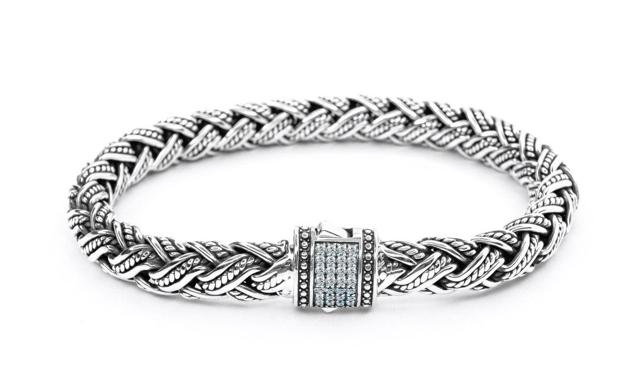 Men s 9 Sterling Silver Woven White Zircon Bracelet
