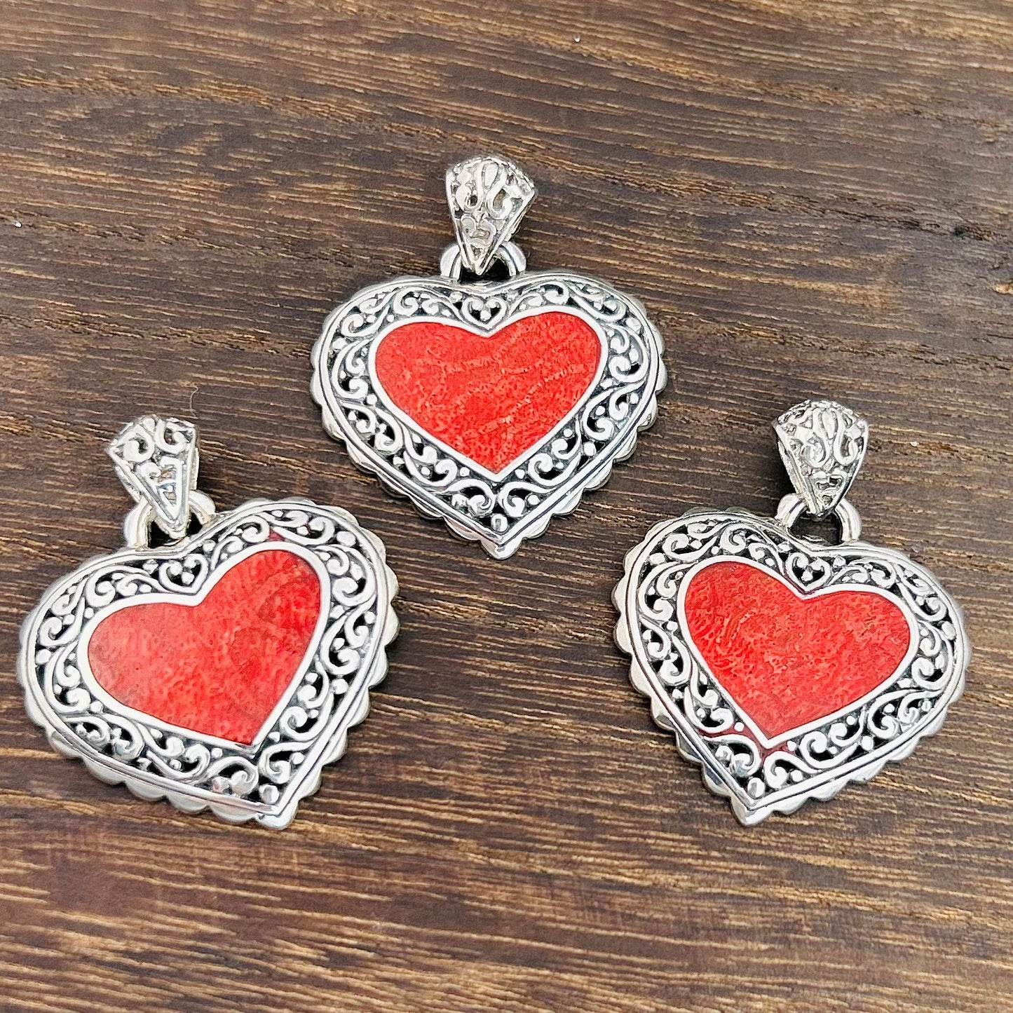 Bali RoManse Red Coral Heart Sterling Silver Pendant