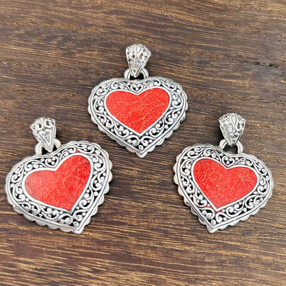 Bali RoManse Red Coral Heart Sterling Silver Pendant