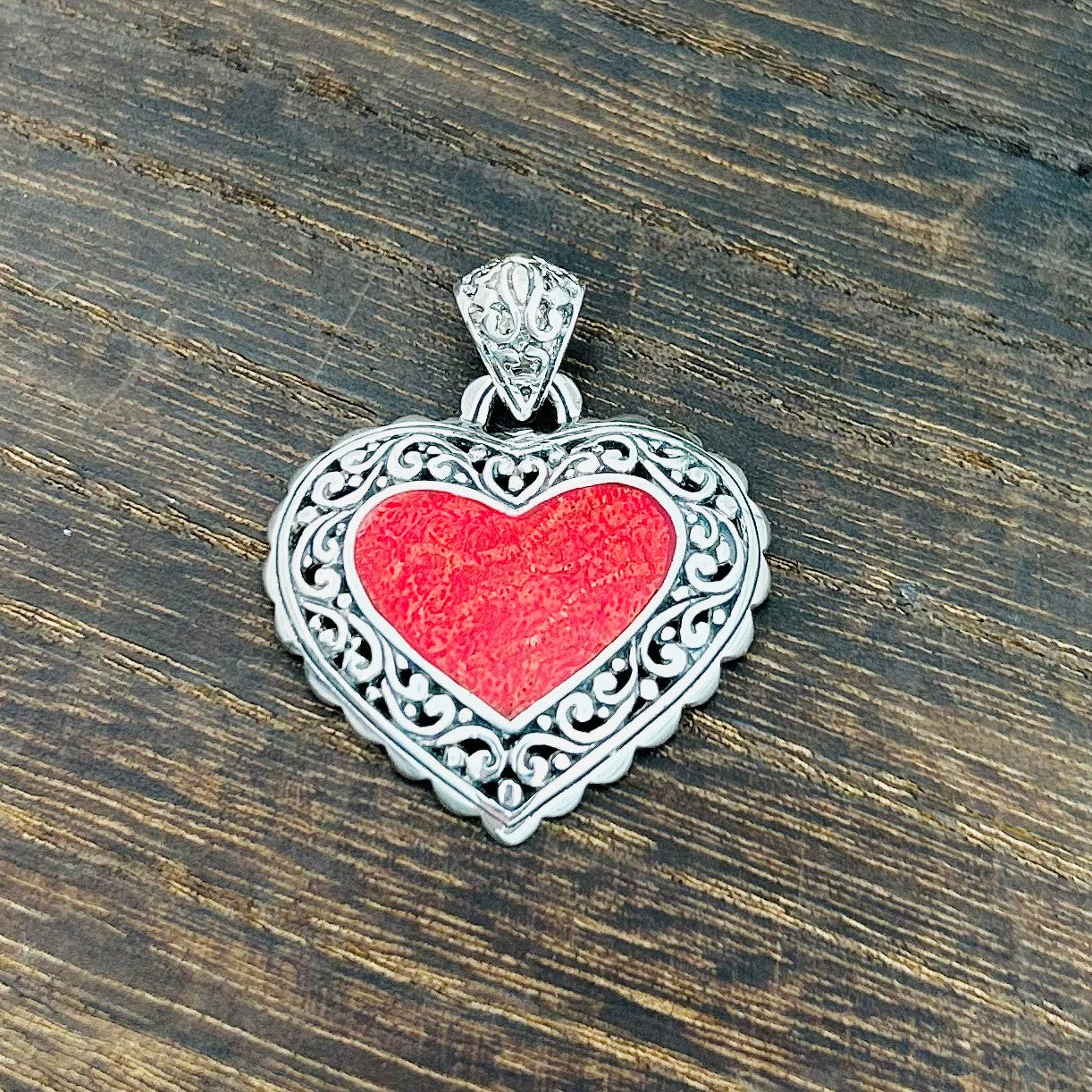 Bali RoManse Red Coral Heart Sterling Silver Pendant
