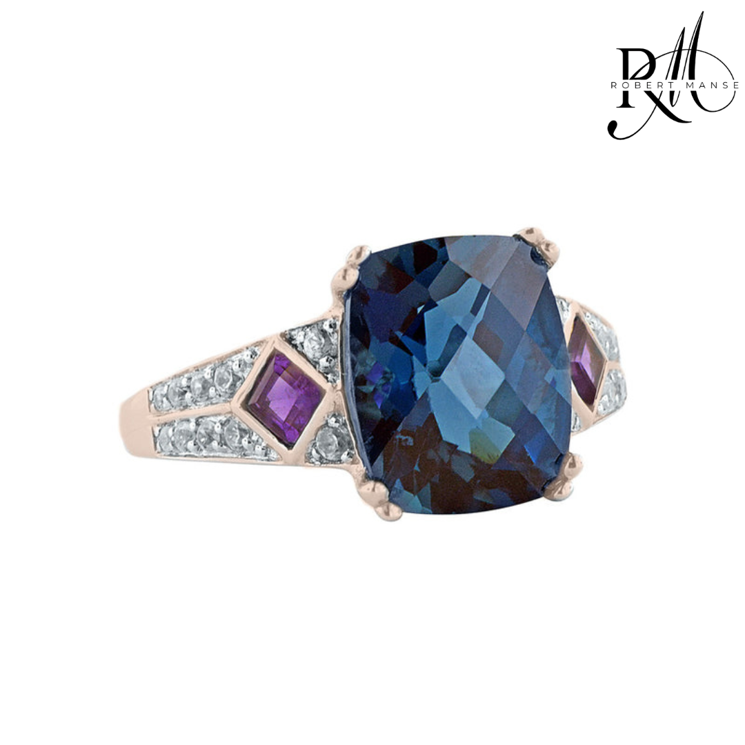 Gem RoManse London Blue Topaz Cushion Ring with Amethyst Accents