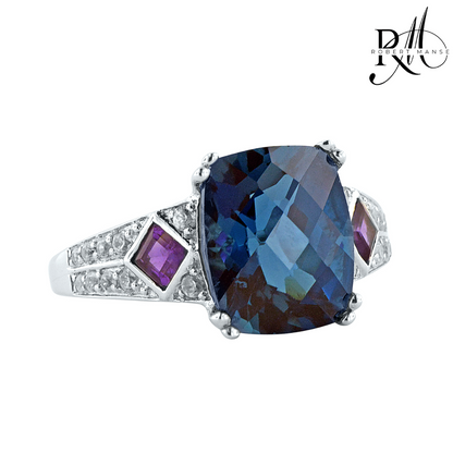 Gem RoManse London Blue Topaz Cushion Ring with Amethyst Accents