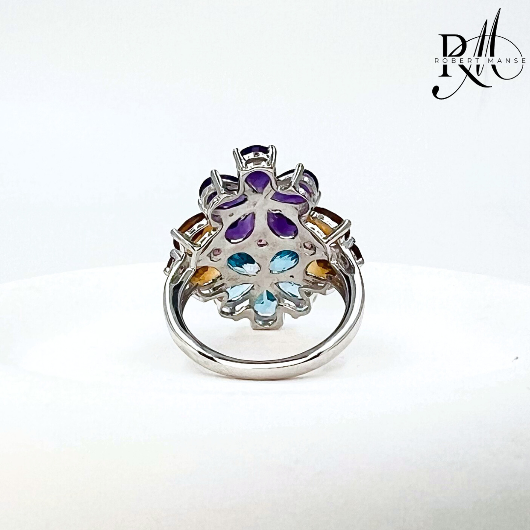 Gem RoManse Rhodium Silver Multi Stone Flower Ring