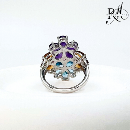Gem RoManse Rhodium Silver Multi Stone Flower Ring