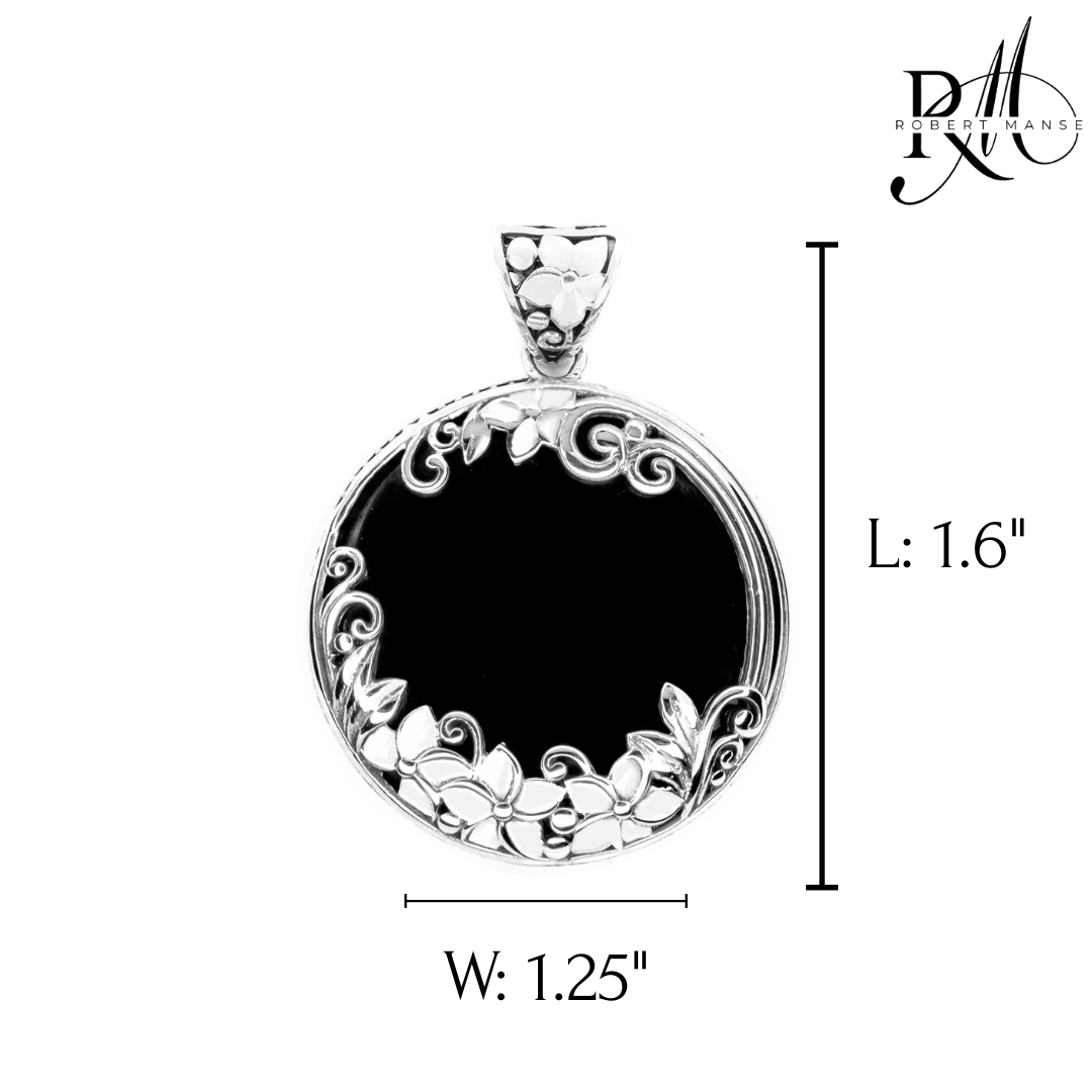 Bali RoManse Black Shell & Floral Medallion Sterling SIlver Pendant