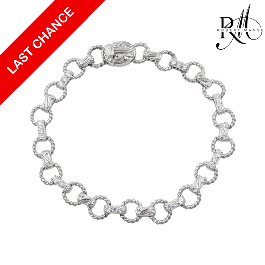 CZ RoManse Round Link Rhodium Plated Sterling Silver Bracelet