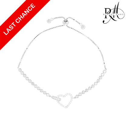 CZ RoManse Heart Charm Adjustable Sterling Silver Bracelet