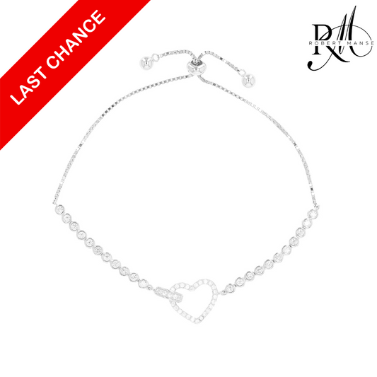 CZ RoManse Heart Charm Adjustable Sterling Silver Bracelet