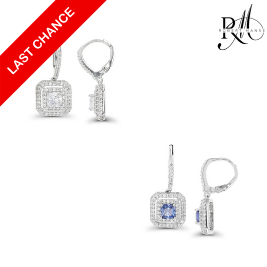 CZ RoManse Double Halo Square Drop Leverback Earrings