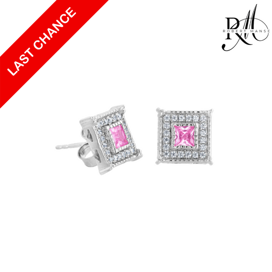 CZ RoManse Pink & White Square Rhodium Plated Sterling Silver Earrings