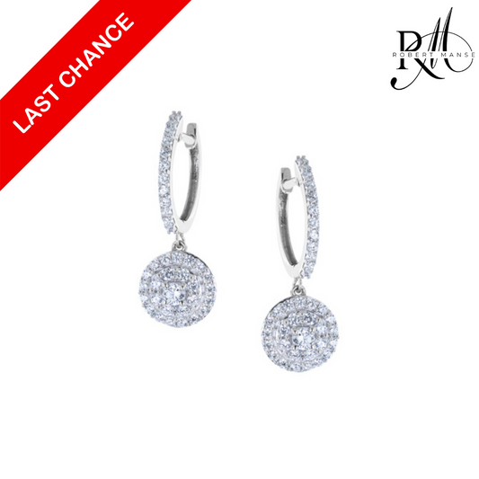 Silver hoop earrings with round dangling charms on a white background, featuring a 'Last Chance' banner and brand logo.