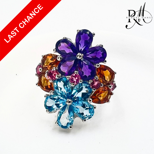 Gem RoManse Rhodium Silver Multi Stone Flower Ring