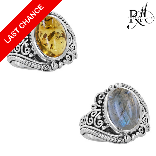 Bali RoManse Oval Gemstone Scrollwork Sterling Silver Solitaire Ring