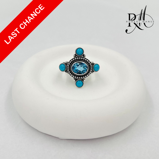 Gem RoManse Swiss Blue Topaz & Turquoise Sterling Silver Beaded Ring
